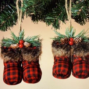 Plaid Santa boot ornament- set of two